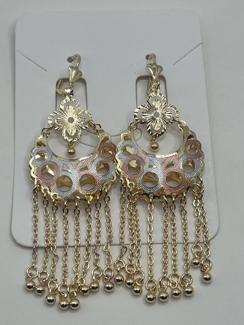 Gold filled Gold Floral Filigree Dangle Earrings with Chain Fringe 2.5” long